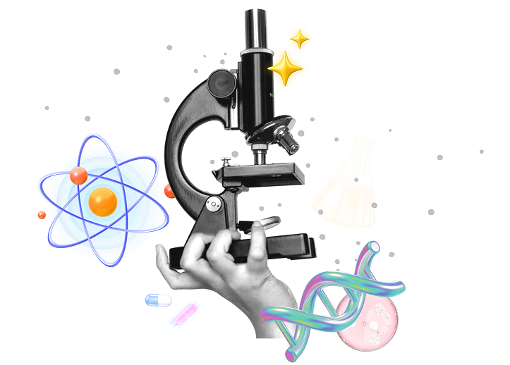 Hand holding a microscope surrounded by an atom, laboratory glassware, and a DNA strand