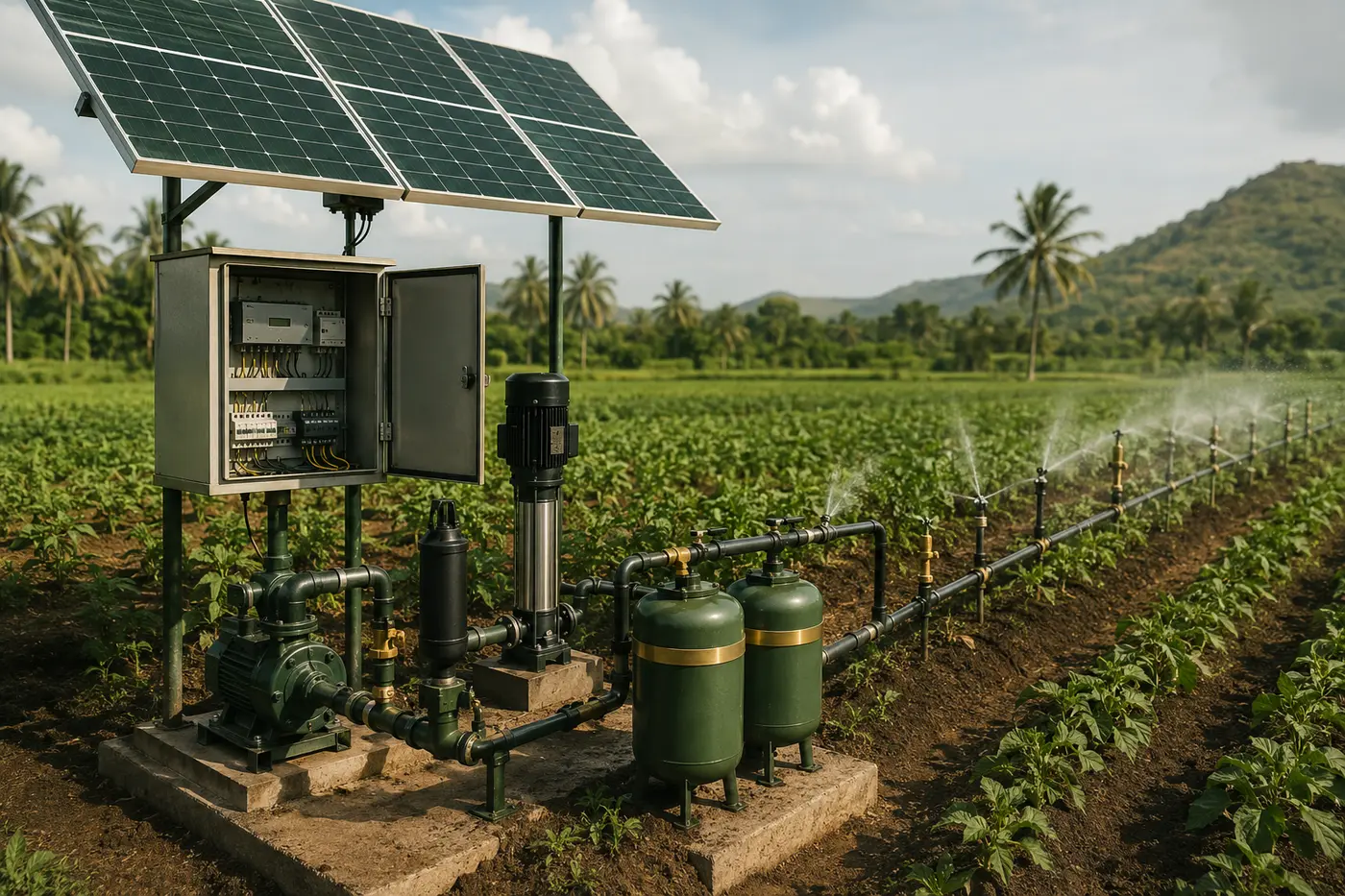 Solar-powered PLC irrigation and fertigation system operating in crop rows