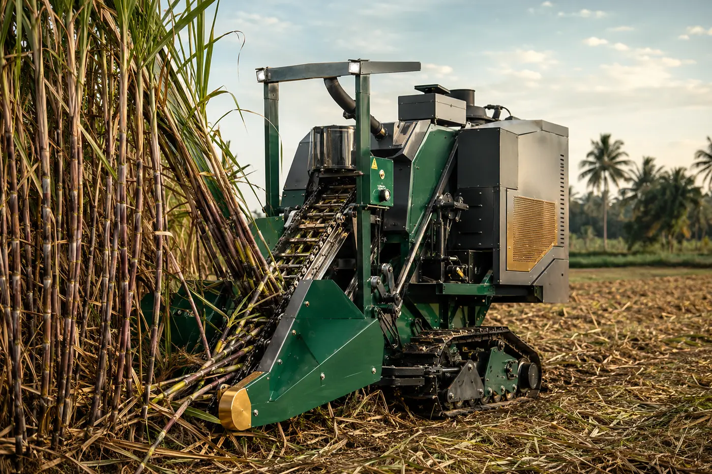 Compact sugarcane harvesting machine working in a cane field