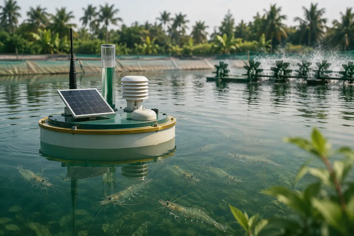 Solar-powered sensor platform monitoring an aquaculture pond
